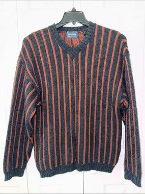 Vintage LORENZO Made Italy Men's V-Neck Sweater in Charcoal and Rust Sz M